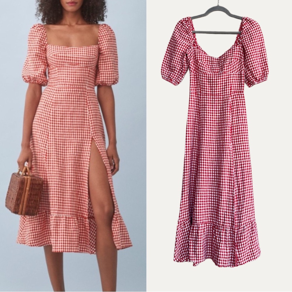 REFORMATION Red Gingham Check Puff Sleeve Cottagecore Linen Belgium Midi Dress - Picture 16 of 16